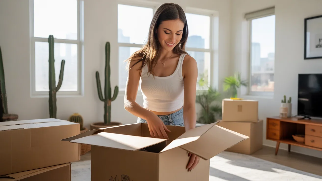 Woman unpacking in her new Phoenix apartment