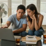 Couple reviewing utility bills on laptop while sitting on floor of Glendale home