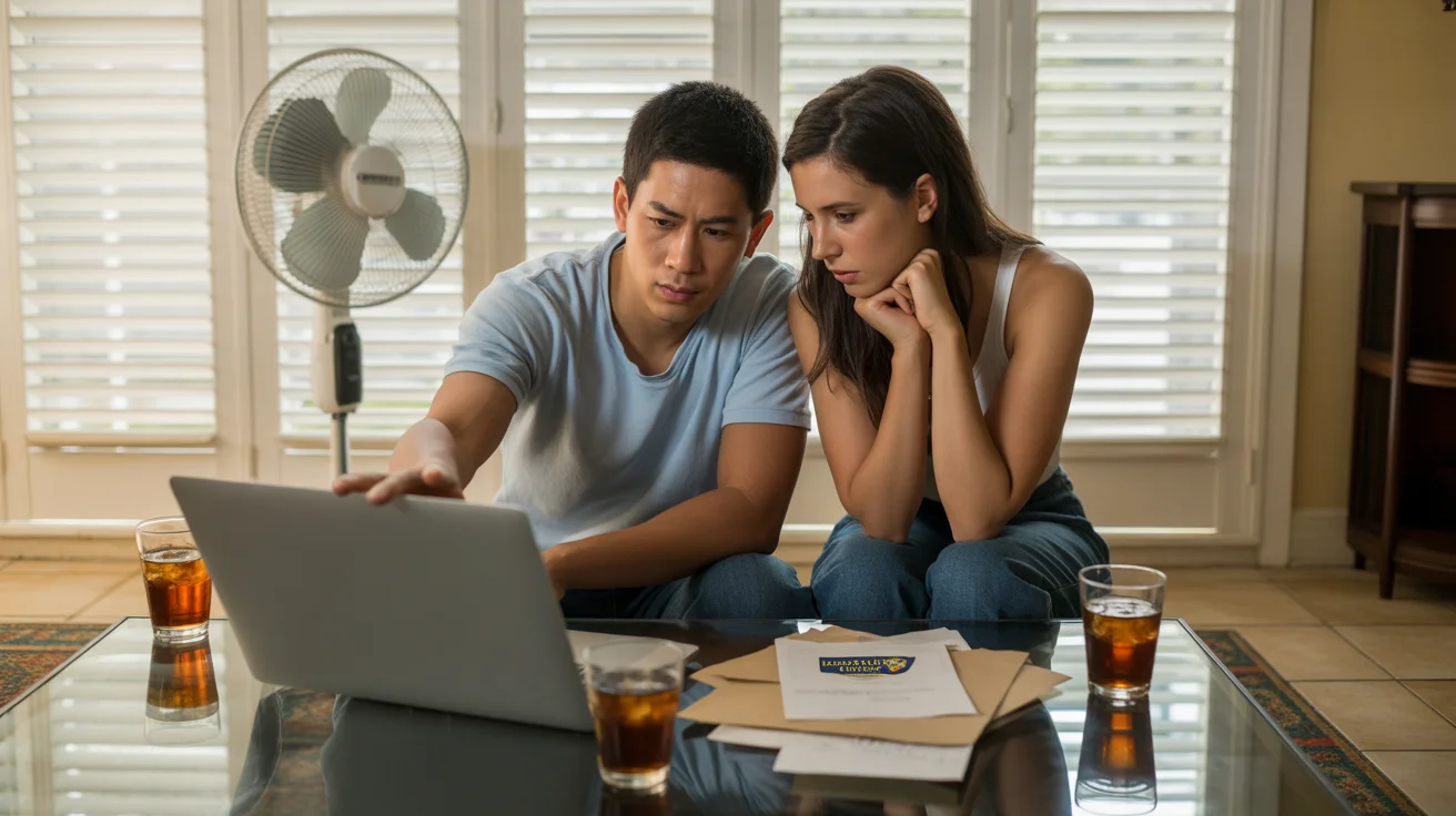 Couple reviewing utility bills on laptop while sitting on floor of Glendale home