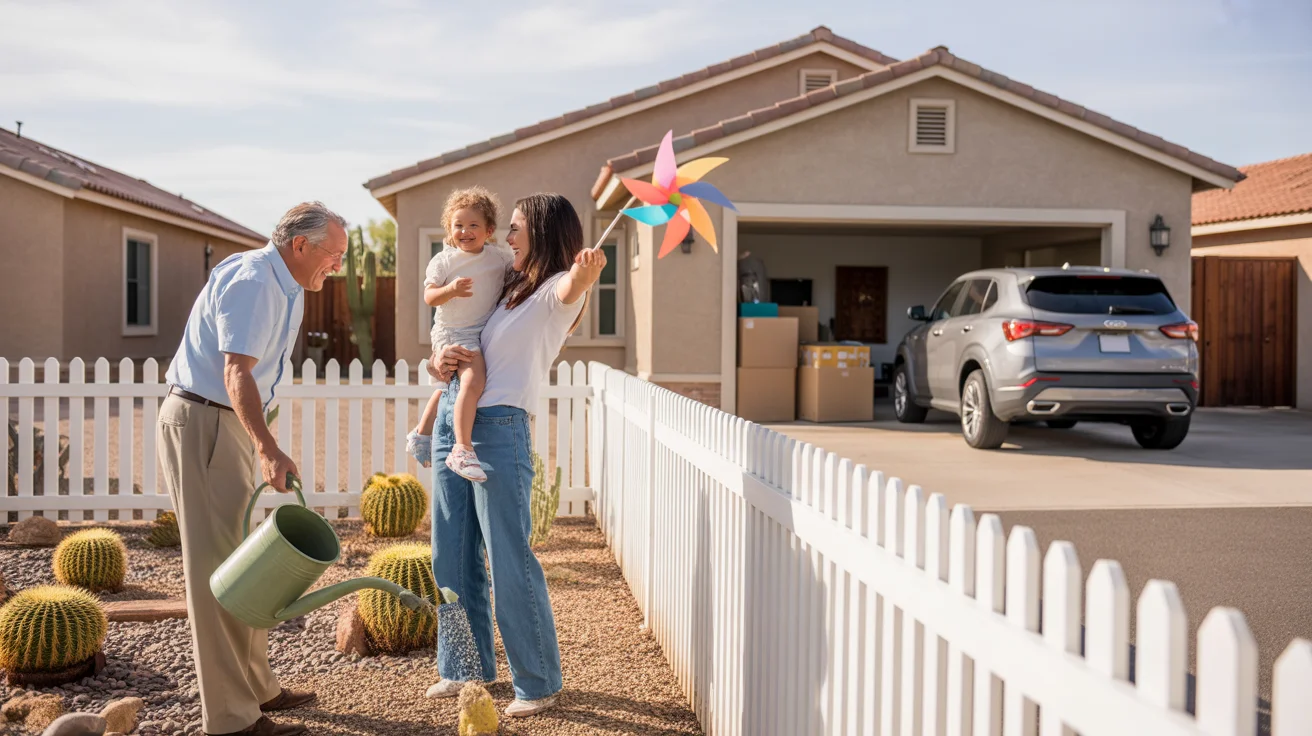Neighbors chatting over a fence in an Apache Junction yard with cactus landscaping and a nearby home