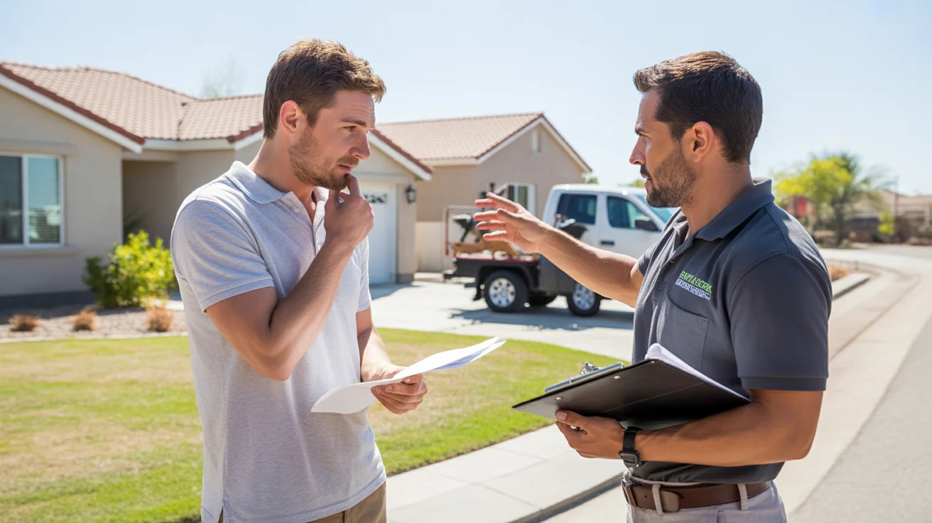 Homeowner discussing landscaping costs with contractor outside Surprise AZ home