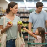 Woman comparing apples in Maricopa grocery store produce section