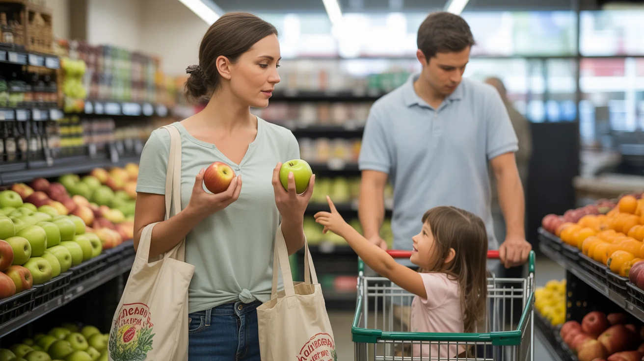 Woman comparing apples in Maricopa grocery store produce section
