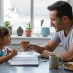 Father helping daughter with homework at kitchen table in modest San Tan Valley apartment