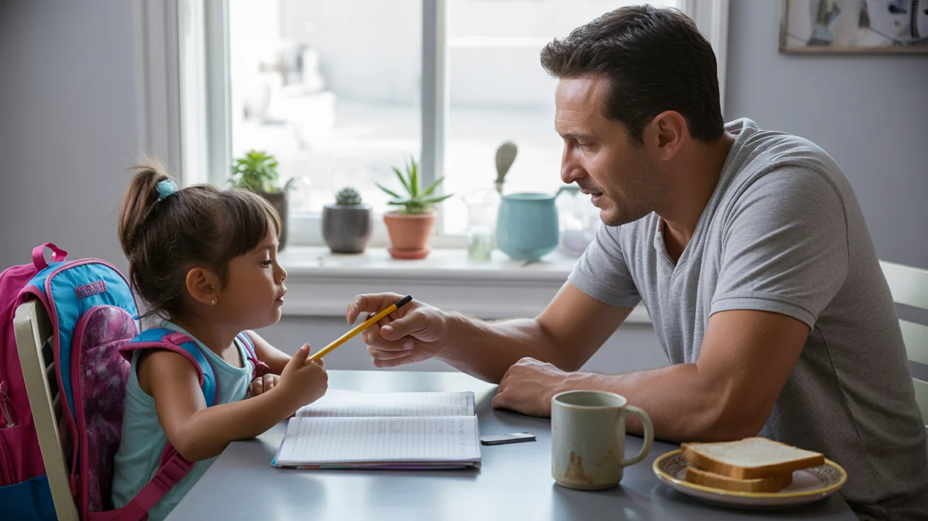 Father helping daughter with homework at kitchen table in modest San Tan Valley apartment