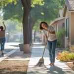 A woman sweeps her front porch in a peaceful Gilbert, Arizona neighborhood on a sunny morning.