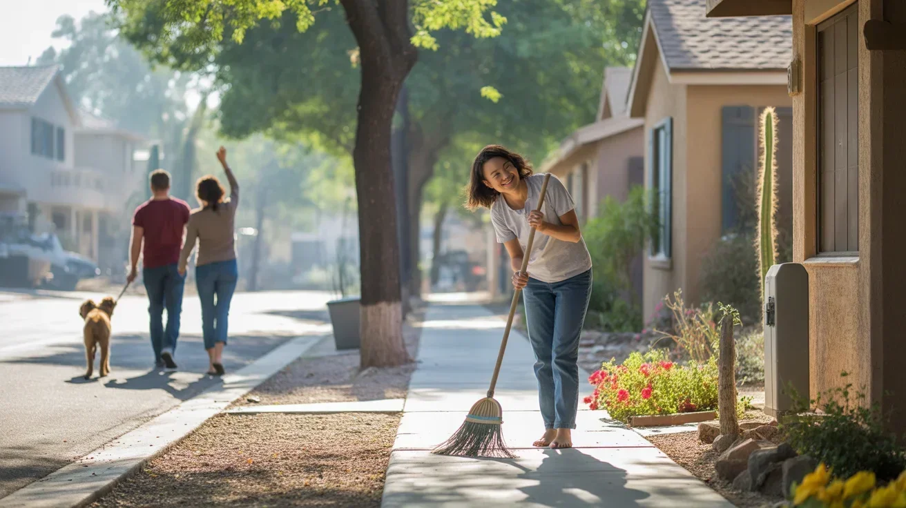 A woman sweeps her front porch in a peaceful Gilbert, Arizona neighborhood on a sunny morning.