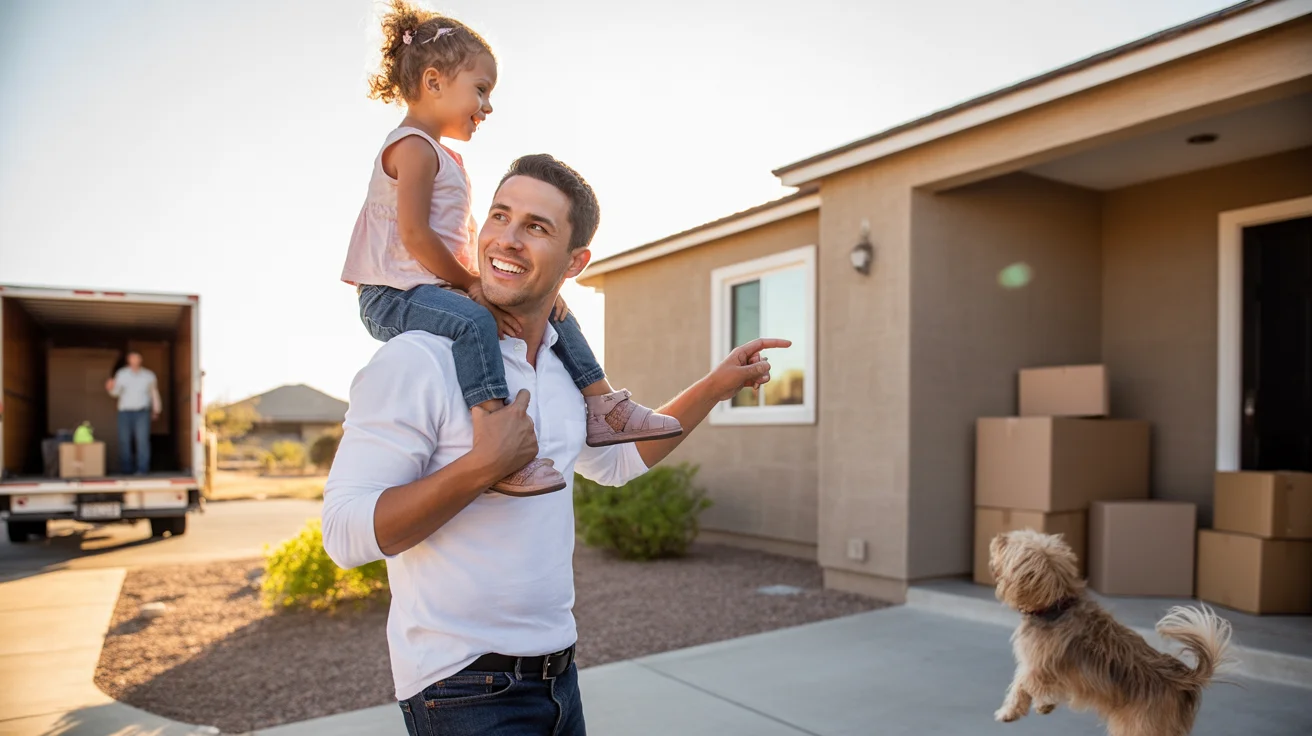 Father carrying daughter in front of new house in Buckeye Arizona at sunset