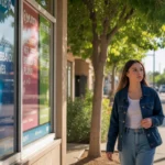 Woman walking past colorful internet service ad in Glendale, Arizona suburb