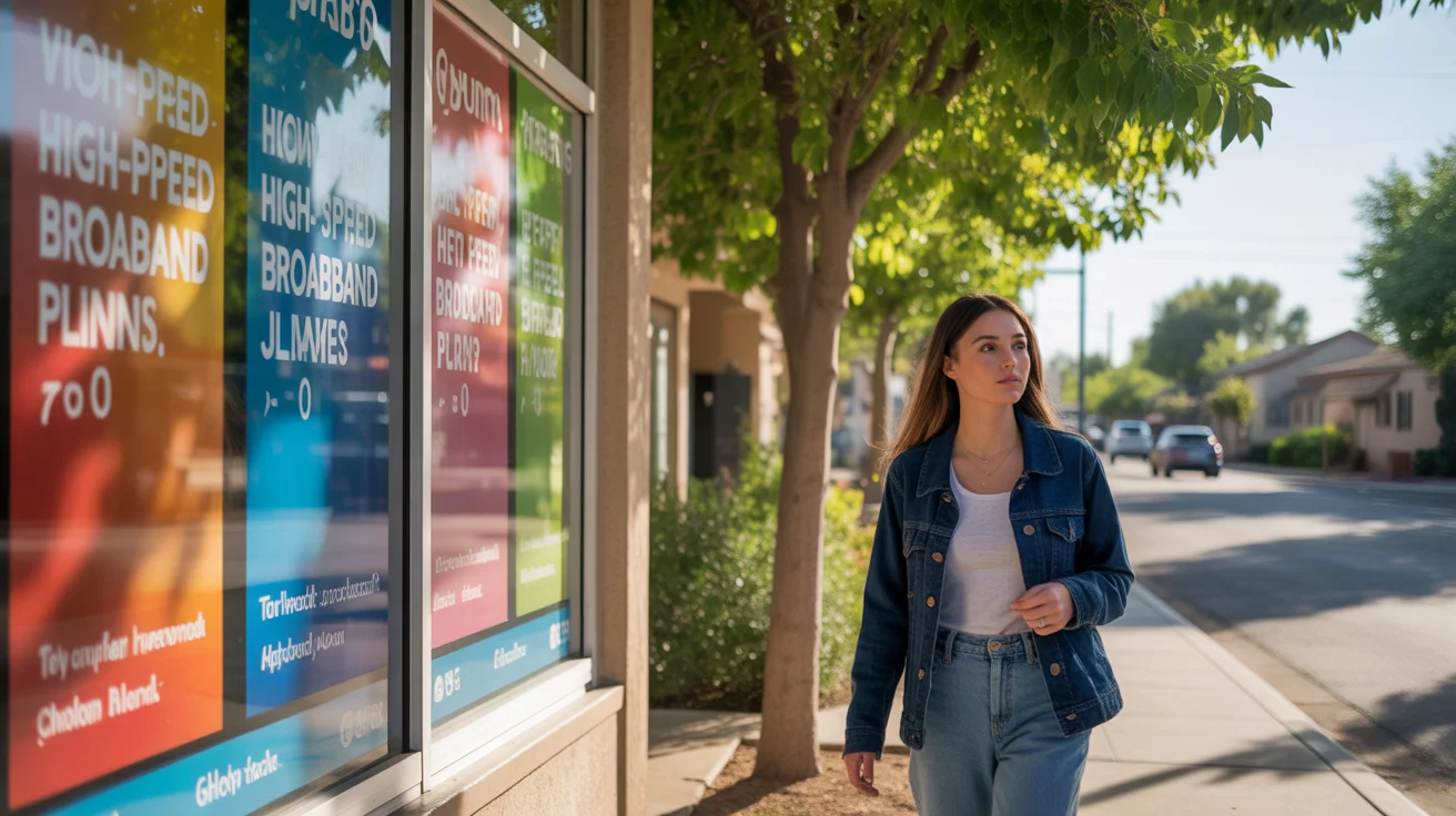 Woman walking past colorful internet service ad in Glendale, Arizona suburb