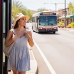 Woman exits Valley Metro bus on street in Apache Junction, Arizona