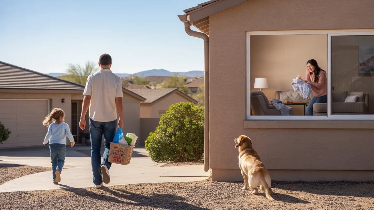 Father and daughter arriving home to family in Peoria Arizona suburb