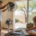 Father adjusting ceiling fan in living room while daughter colors on hot day in Scottsdale home