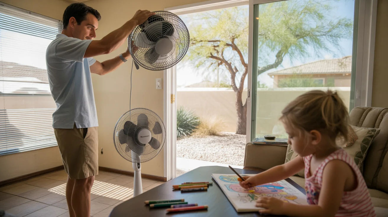 Father adjusting ceiling fan in living room while daughter colors on hot day in Scottsdale home