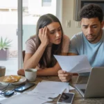 Couple looking stressed while reviewing housing costs and finances at kitchen island