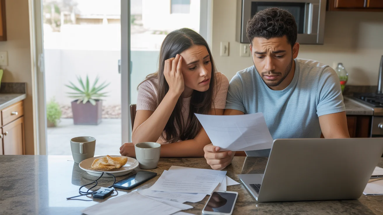 Couple looking stressed while reviewing housing costs and finances at kitchen island