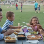 A family enjoys a picnic dinner at sunset in Pioneer Park, El Mirage, Arizona