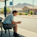 Man waiting at a bus stop with his bicycle in Queen Creek, Arizona