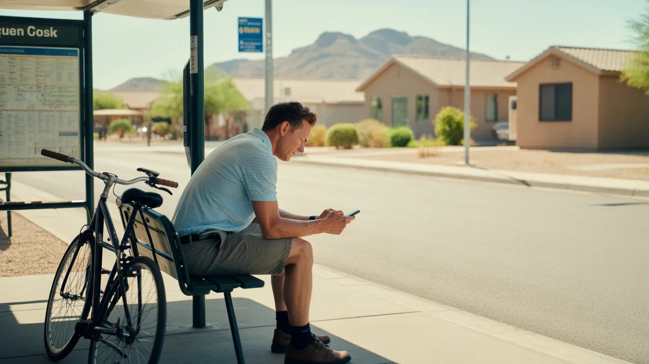 Man waiting at a bus stop with his bicycle in Queen Creek, Arizona