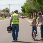 A utility worker waves to a father and daughter in their driveway on a sunny Chandler street