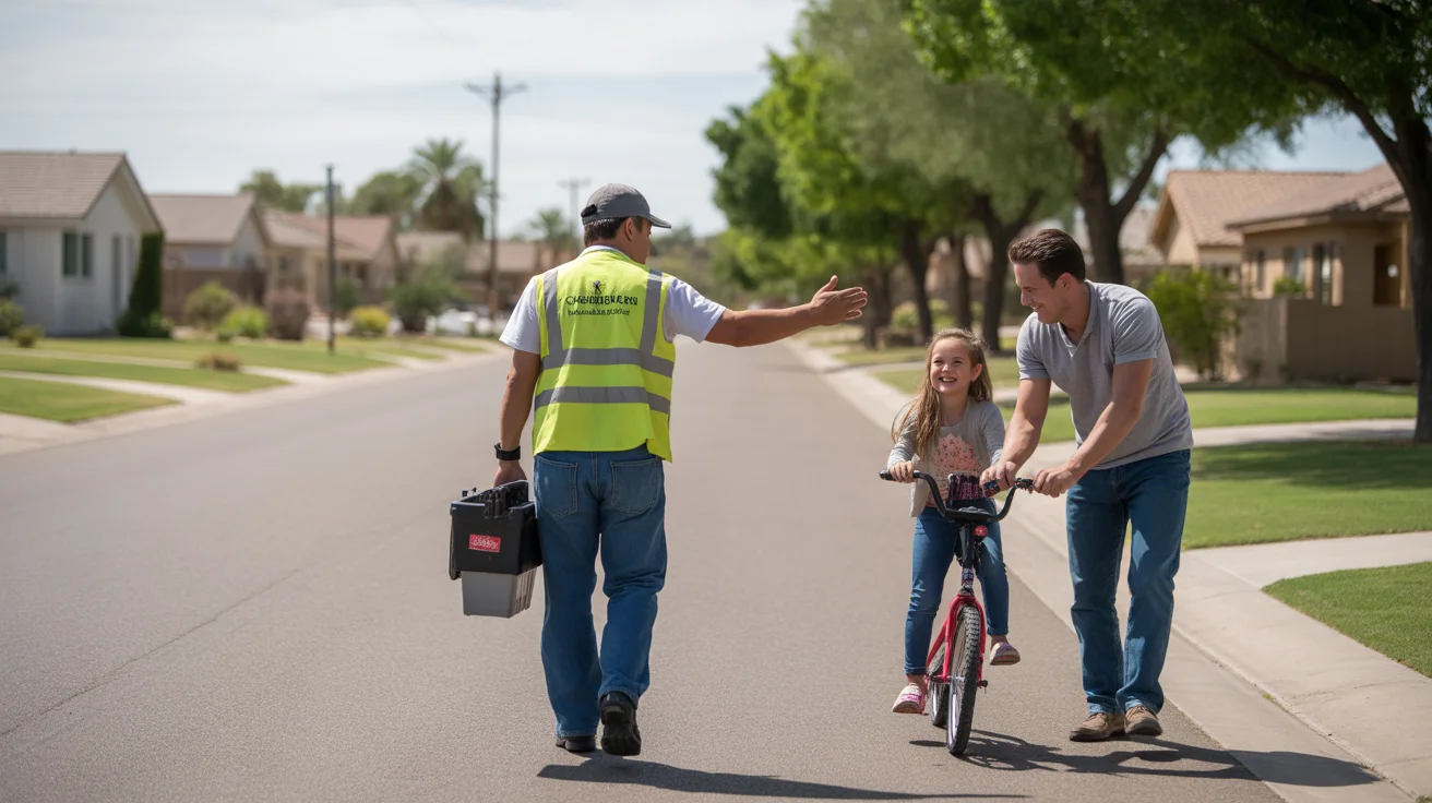 A utility worker waves to a father and daughter in their driveway on a sunny Chandler street