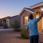 Man turning off porch light at dusk outside his home in a peaceful Gilbert, AZ suburb