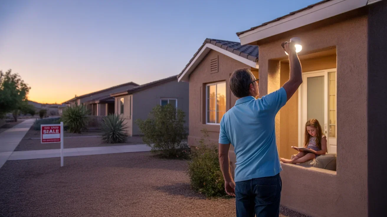 Man turning off porch light at dusk outside his home in a peaceful Gilbert, AZ suburb