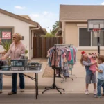 Two families browse a multi-home yard sale in front of a condo and house in a Glendale neighborhood