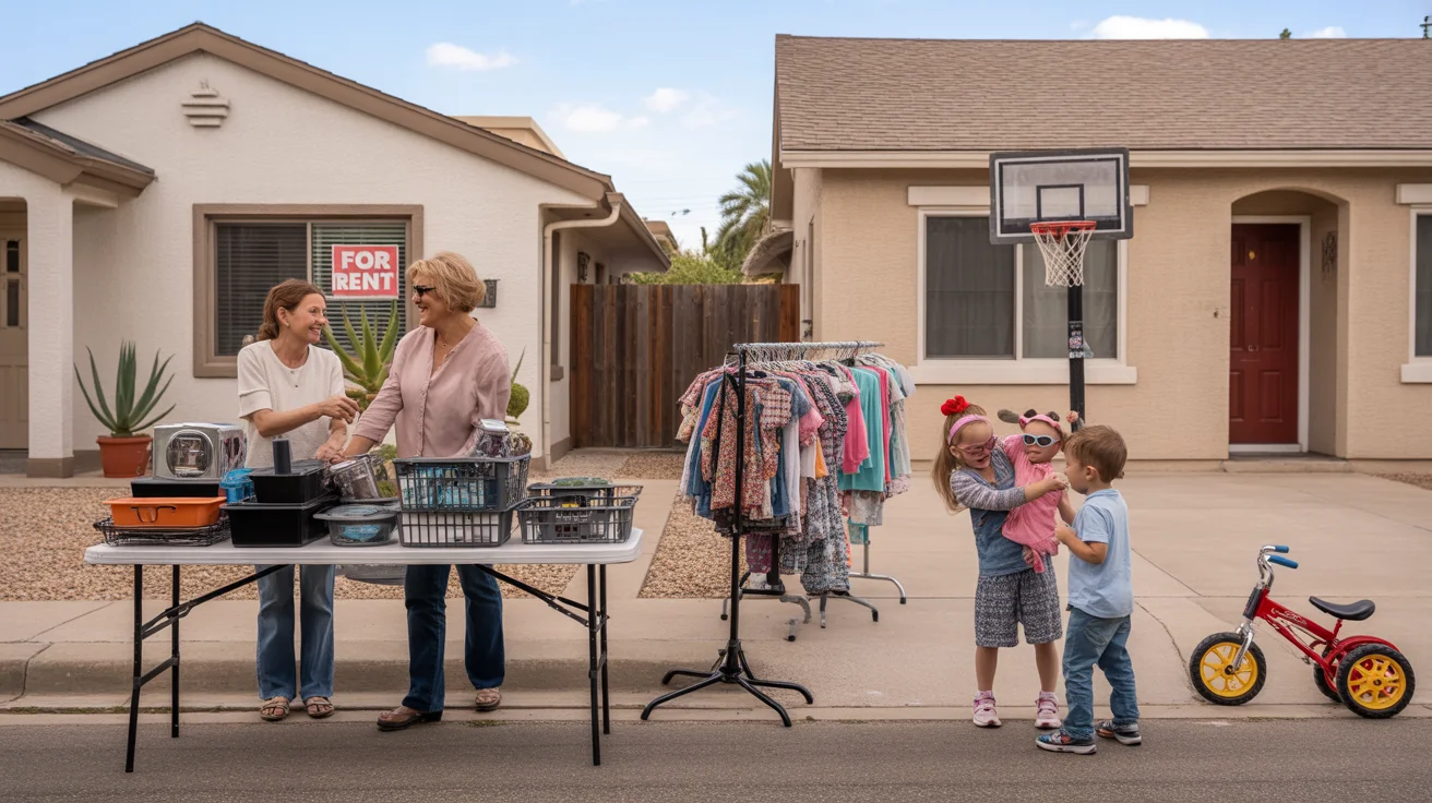 Two families browse a multi-home yard sale in front of a condo and house in a Glendale neighborhood