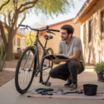 Man assembling bicycle on apartment patio in Mesa, Arizona at sunset
