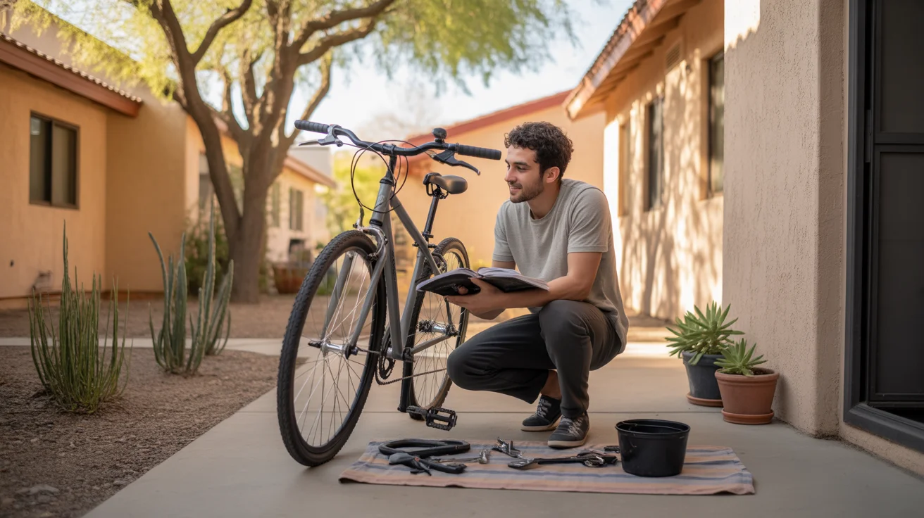 Man assembling bicycle on apartment patio in Mesa, Arizona at sunset