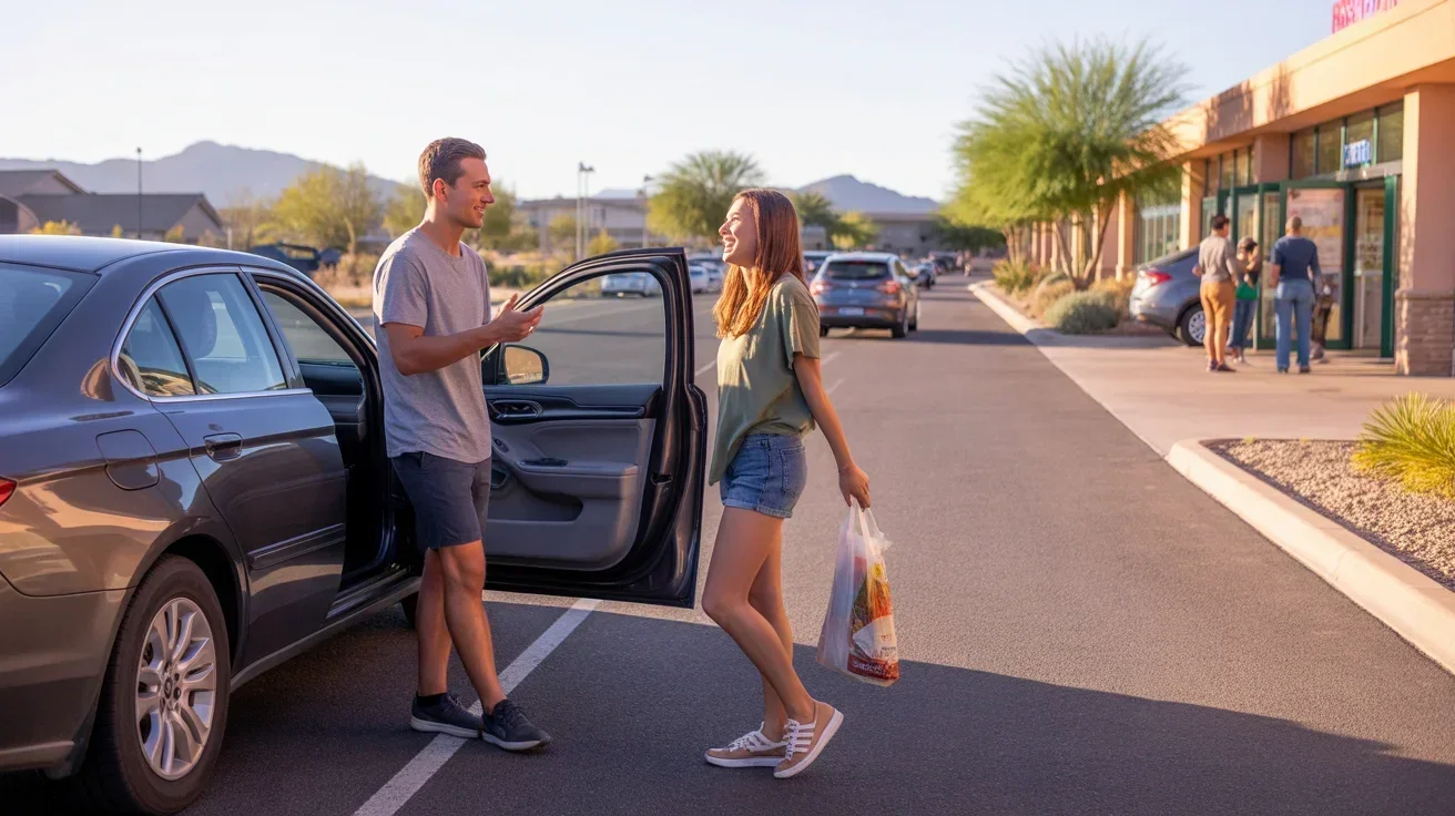 Two friends chat in a grocery store parking lot in Gilbert, Arizona at sunset