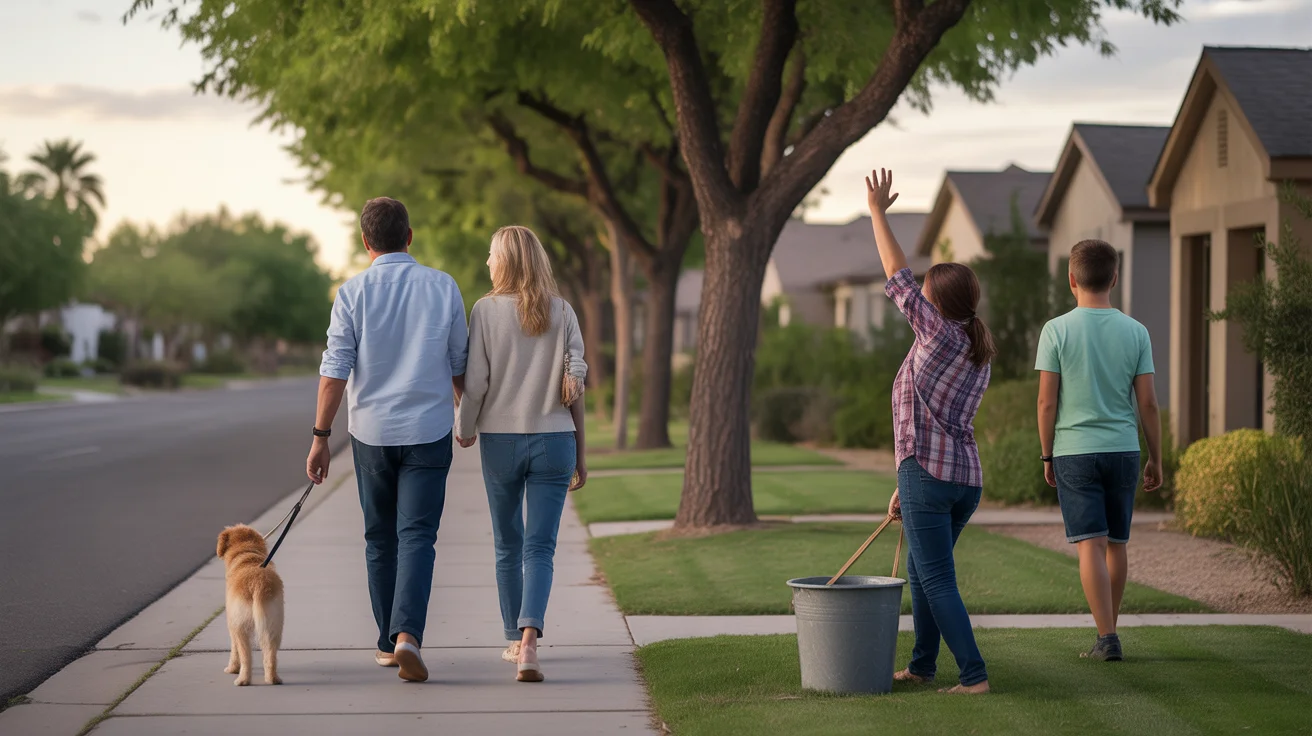 Family walking dog in nice Peoria, Arizona neighborhood