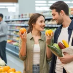 Couple comparing oranges while grocery shopping in Gilbert, AZ