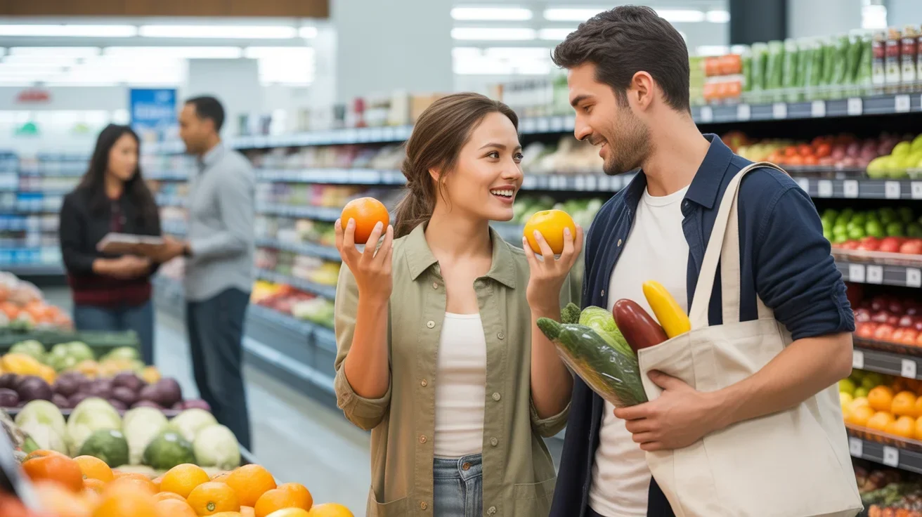 Couple comparing oranges while grocery shopping in Gilbert, AZ