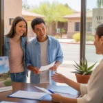 Couple meeting with leasing agent in Mesa apartment office