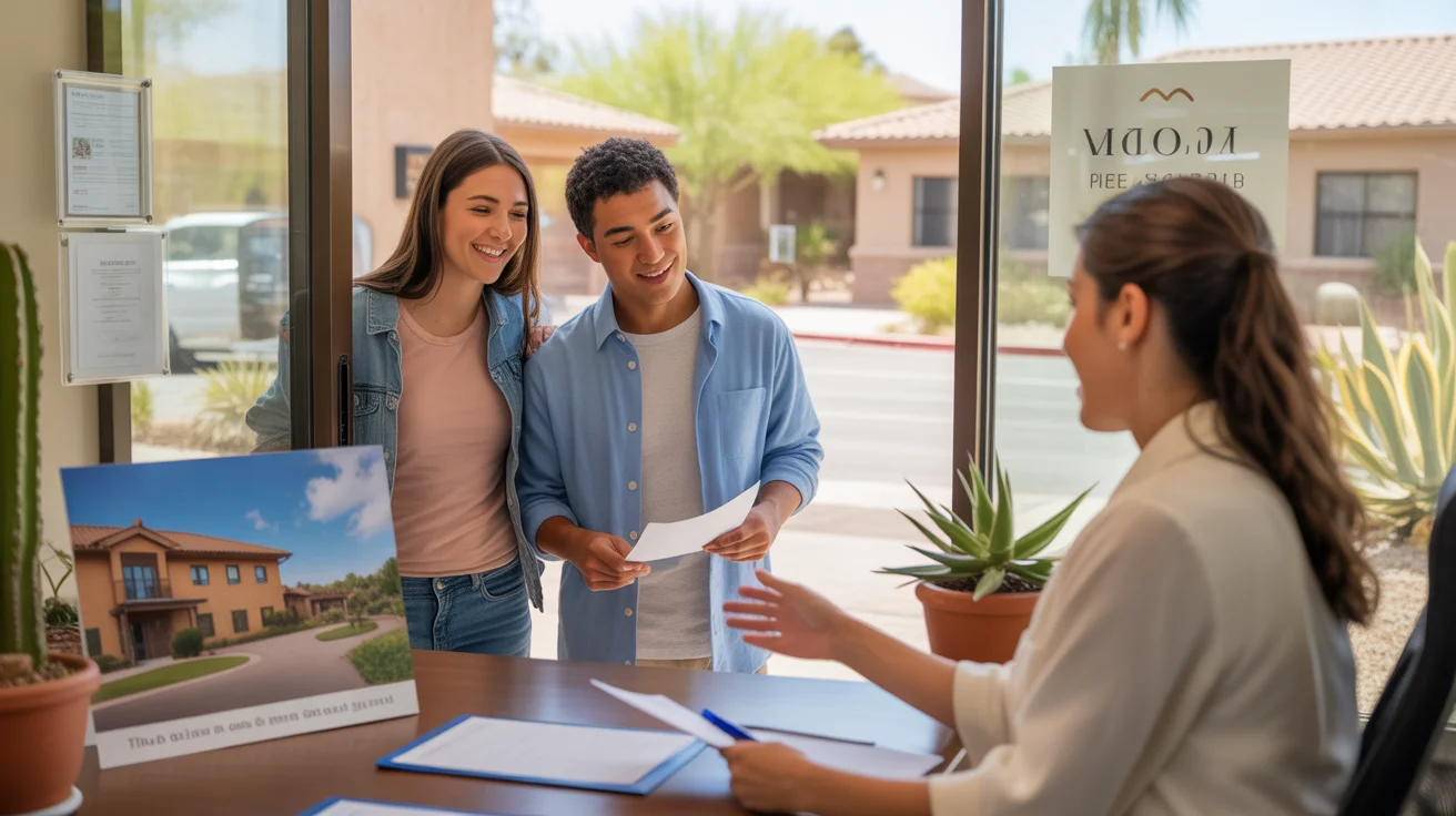 Couple meeting with leasing agent in Mesa apartment office