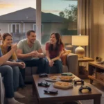 Friends enjoying game night in a cozy Gilbert living room, with game controllers and TV visible