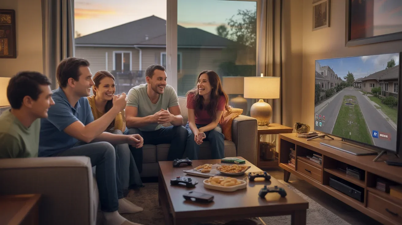 Friends enjoying game night in a cozy Gilbert living room, with game controllers and TV visible