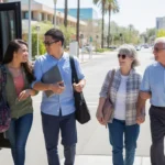 Commuters of various ages and ethnicities exit a Valley Metro bus near a college campus in Gilbert, AZ