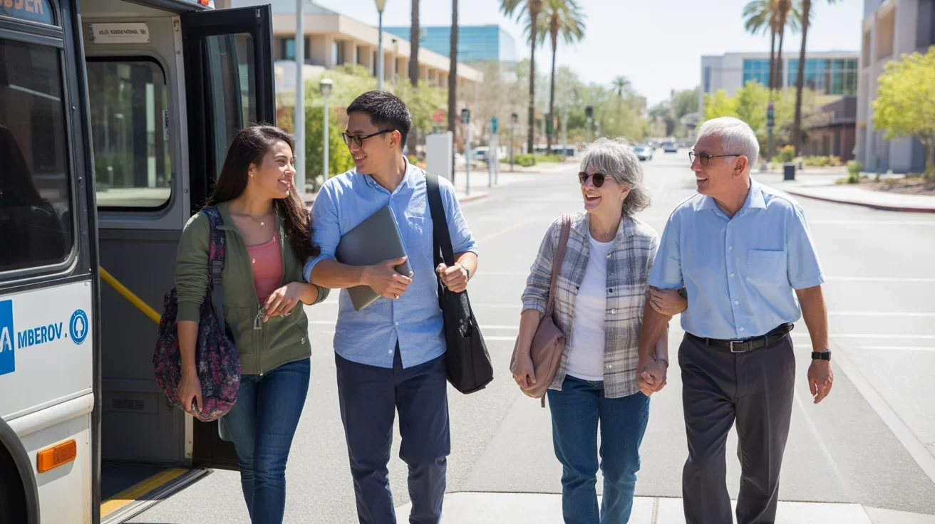 Commuters of various ages and ethnicities exit a Valley Metro bus near a college campus in Gilbert, AZ