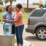 Two women friends filling water jugs and chatting at outdoor water station in Surprise, Arizona park