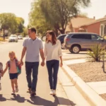A young family walks together on a sunny afternoon in an Avondale, Arizona neighborhood with stucco homes and xeriscaped yards.