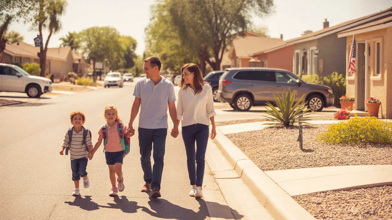 A young family walks together on a sunny afternoon in an Avondale, Arizona neighborhood with stucco homes and xeriscaped yards.