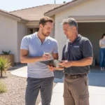 New Peoria homeowners consult with landscaper in xeriscaped yard