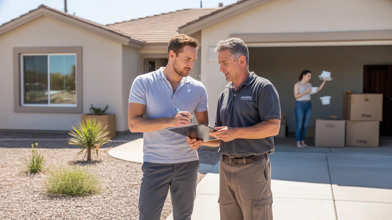 New Peoria homeowners consult with landscaper in xeriscaped yard