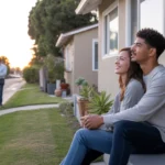 Couple sitting on front steps of house in Riverside, CA at sunset