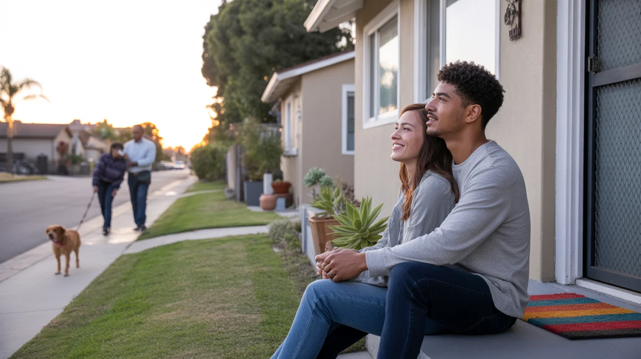 Couple sitting on front steps of house in Riverside, CA at sunset
