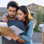 A couple reviews a utility bill outside their Laveen home at sunset.
