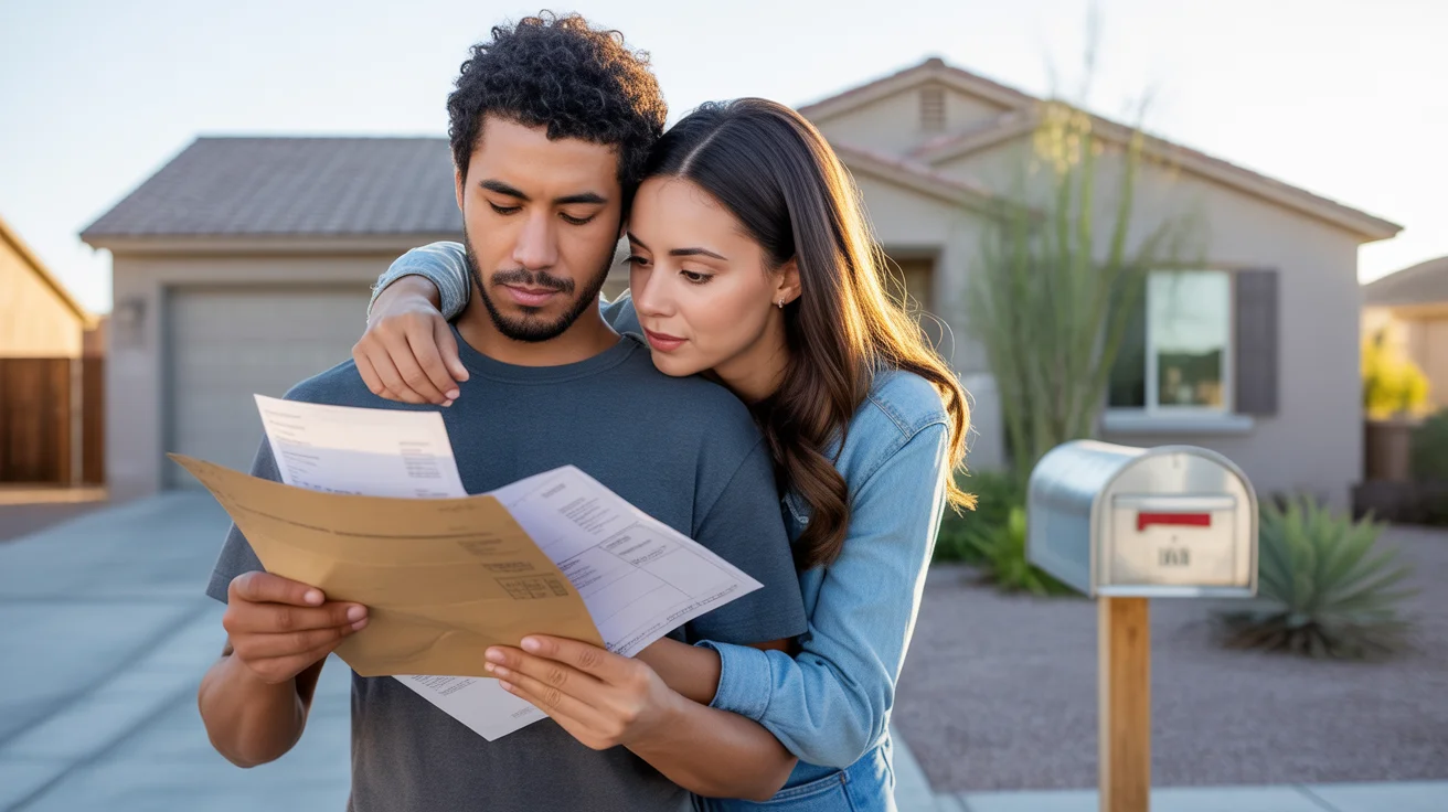 A couple reviews a utility bill outside their Laveen home at sunset.